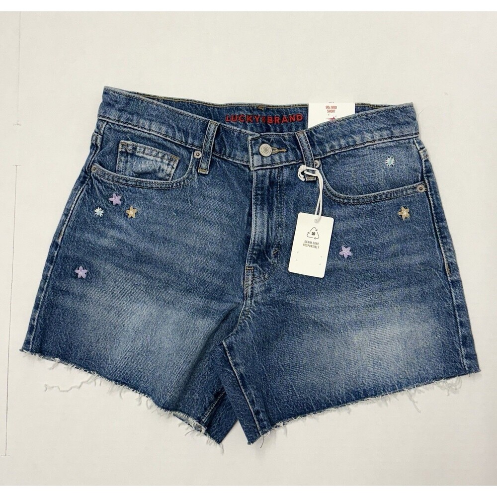 NWT Lucky Brand Women's 90s Midi Comfort Stretch Denim Shorts Size 6/28 Cut-off